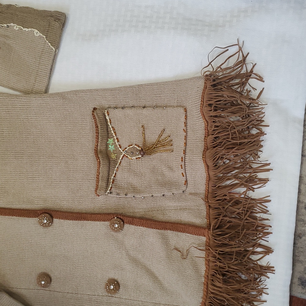 Vtg storybook  knits  Double-Breasted Jacket sweater with Fringe - Picture 12 of 16